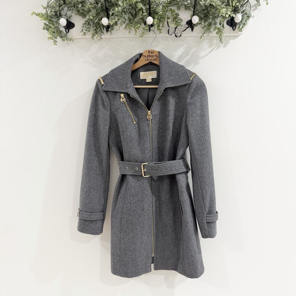 Michael Kors Grey Full Zip Belted Trench Coat Designer Luxury DG 2
